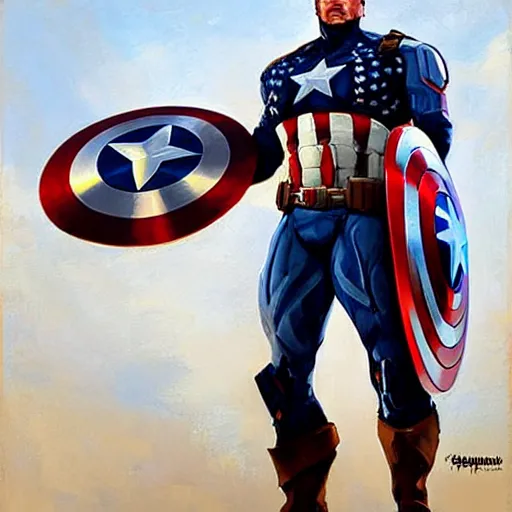 Image similar to greg manchess portrait painting of heavily armored captain america as overwatch character, totally whack, medium shot, asymmetrical, profile picture, organic painting, sunny day, matte painting, bold shapes, hard edges, street art, trending on artstation, by huang guangjian and gil elvgren and sachin teng