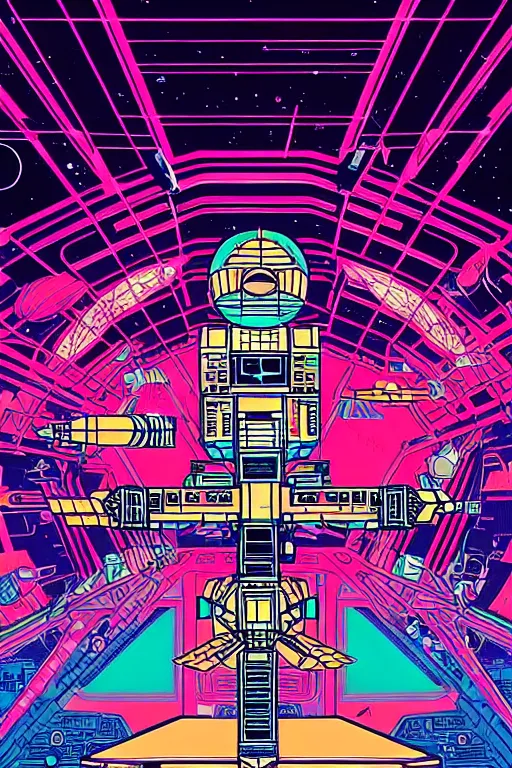 Image similar to drawing of an 8 0 s art deco international space station filled with electronic equipment, japanese gundam mech, robots, led screens, droids, a detailed comic panel by kilian eng, moebius, featured on deviantart, psychedelic art, psychedelic, dmt