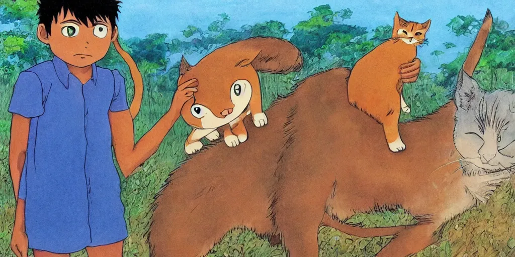 Image similar to sri lankan kid and cat, drawn by hayao miyazaki