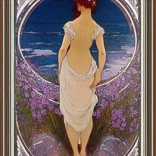 Image similar to magical water spirit woman looking towards the sea, dreamy atmosphere, mucha, gurney