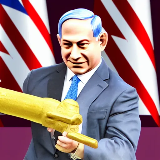 Prompt: Benjamin Netanyahu holding a rocket, highly detailed, realistic