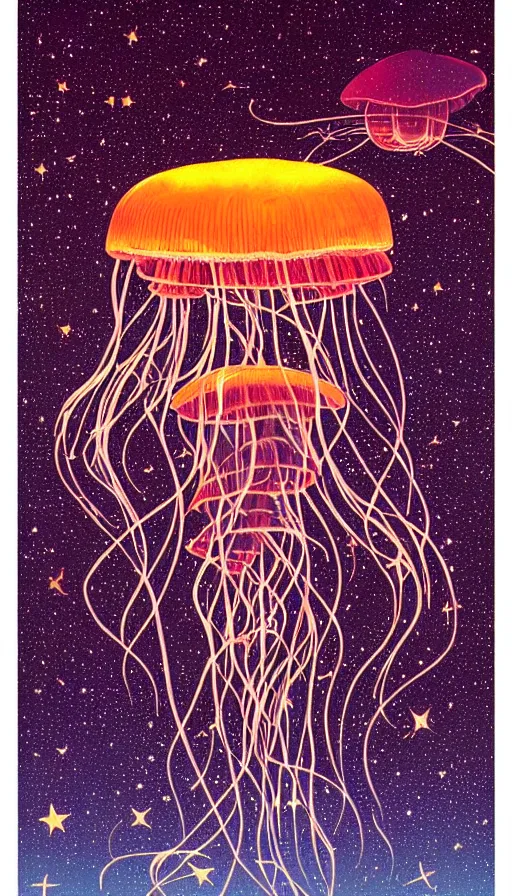 Image similar to Jellyfish floating in starlit sunset sky, italian futurism, Dan Mumford, da vinci, Josan Gonzalez