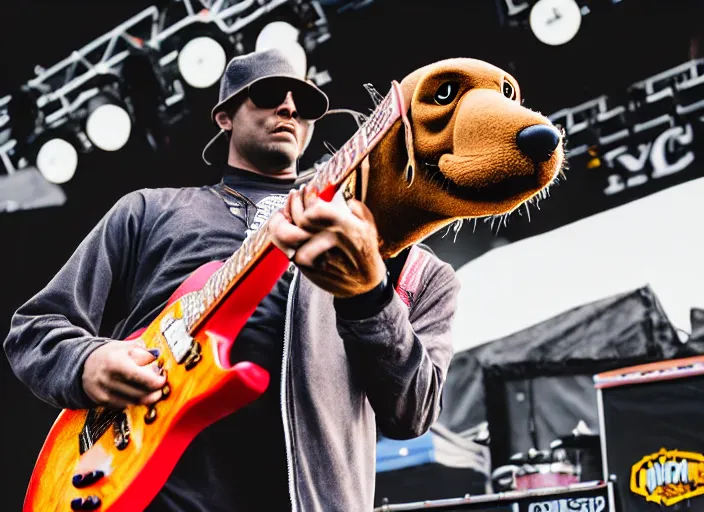 Image similar to photo still of mcgruff the crime dog on stage at vans warped tour!!!!!!!! at age 3 3 years old 3 3 years of age!!!!!!!! shredding on guitar, 8 k, 8 5 mm f 1. 8, studio lighting, rim light, right side key light