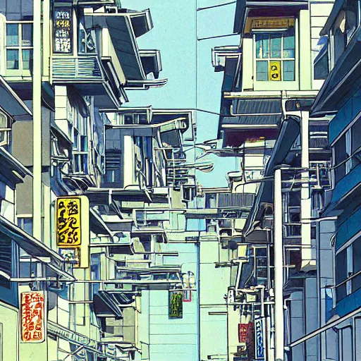 Prompt: japanese town, neighborhood, modern neighborhood, japanese city, underground city, modern city, tokyo - esque town, 2 0 0 1 anime, cel - shading, compact buildings, art by syd mead