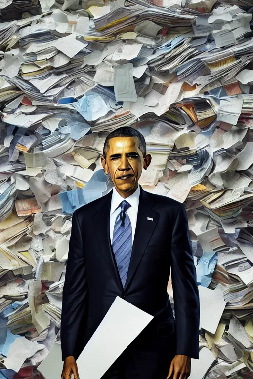 Image similar to obama standing next to a mountain of papers, oil on canvas, intricate, portrait, 8 k highly professionally detailed, hdr, cgsociety