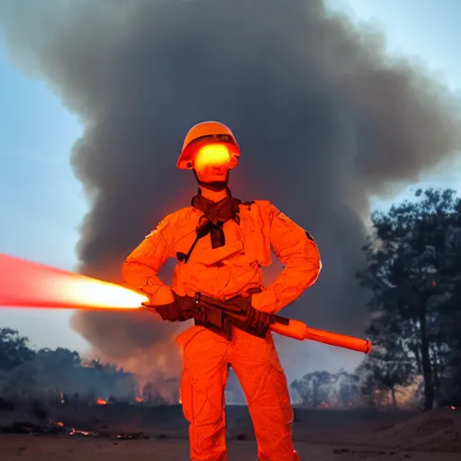 Prompt: a soldier with a glowing orange visor, a half-turn looks into the camera, bodies of the dead are scattered around, an fire in the background, 4k, details, dramatic pose