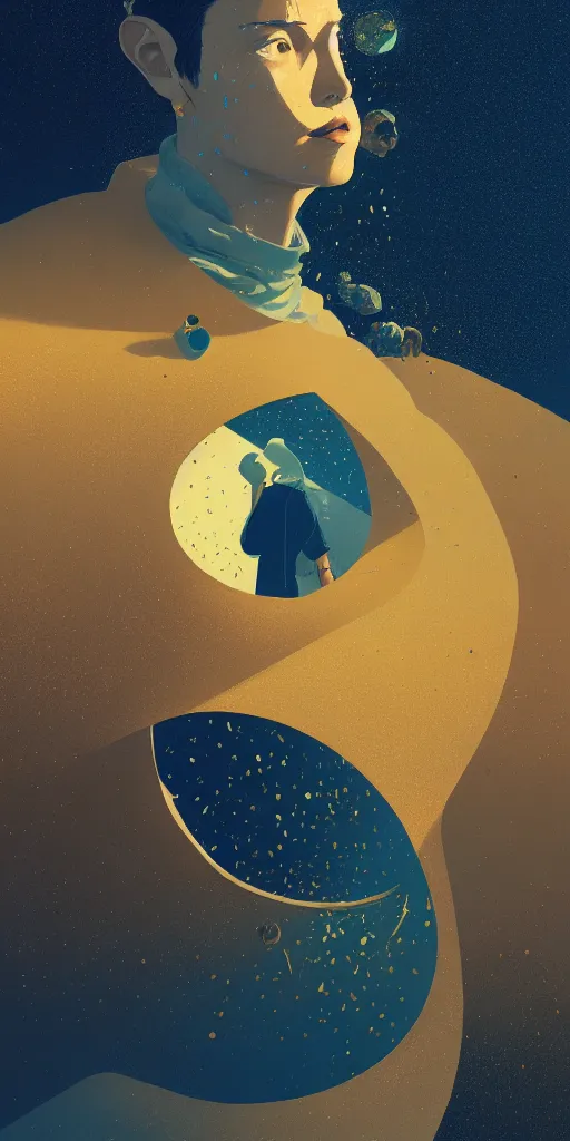 Prompt: highly detailed portrait of a semicircular bounded space surrounded with golden and blue magic powder, ultra wide angle, finer details, by victo ngai and greg rutkowski, trending on artstation.