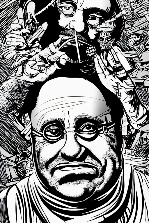 Prompt: vector art portrait of danny devito as a pirate king by jack kirby