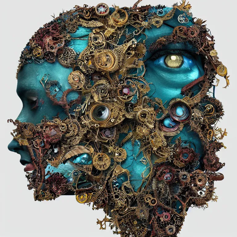 Prompt: cinema 4d colorful render, organic, ultra detailed, of a painted realistic glass face, scratched. biomechanical cyborg, analog, macro lens, beautiful natural soft rim light, big leaves, winged insects and stems, roots, fine foliage lace, turquoise gold details, Alexander Mcqueen high fashion haute couture, art nouveau fashion embroidered, intricate details, mesh wire, mandelbrot fractal, anatomical, facial muscles, cable wires, elegant, hyper realistic, in front of dark flower pattern wallpaper, ultra detailed, 8k post-production