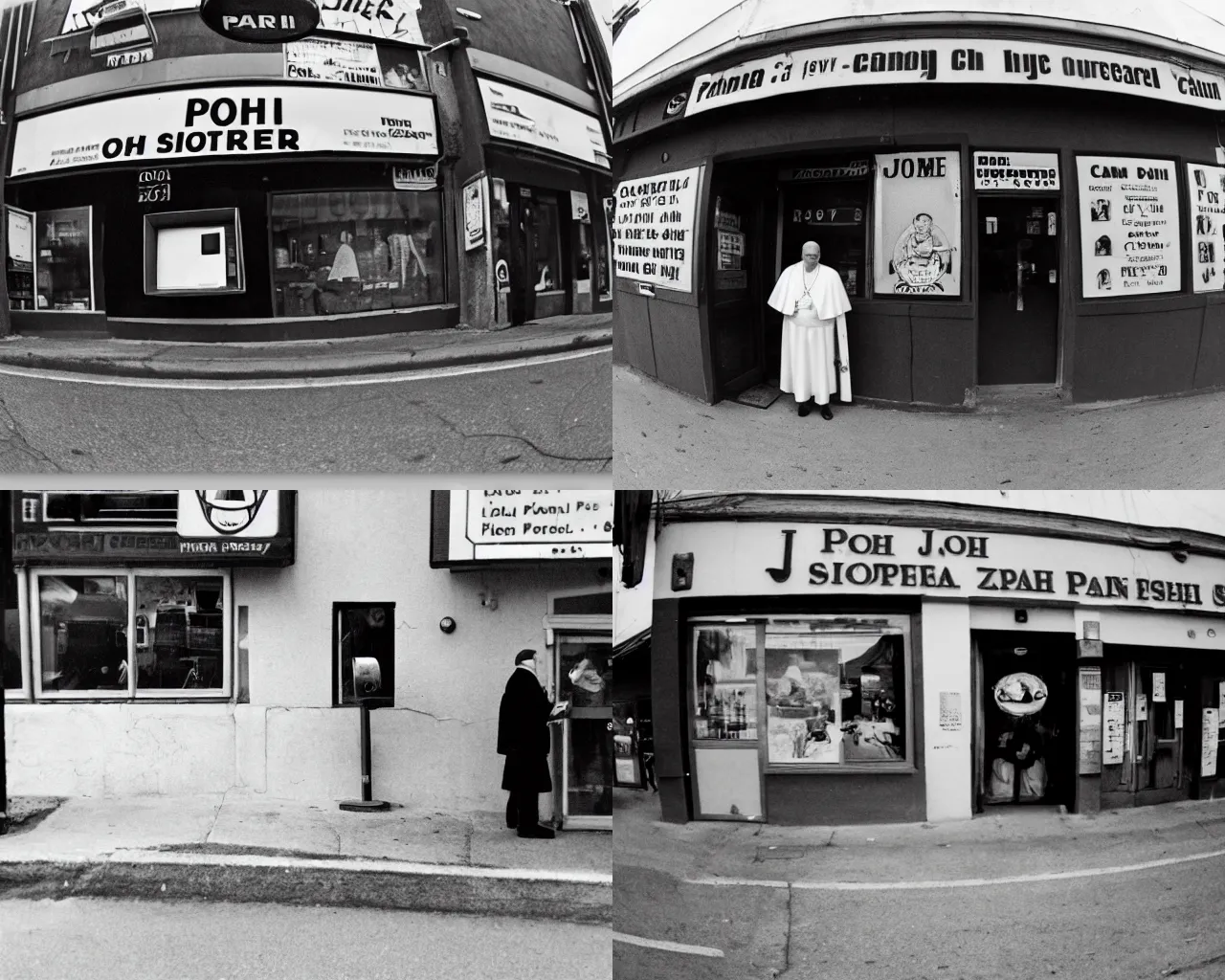 Prompt: camera footage of pope john paul outside corner store with time code, high exposure, dark, monochrome, camera, grainy, CCTV, security camera footage, timestamp, zoomed in, fish-eye lense, fish-eye lense, fish-eye lense, fish-eye lense