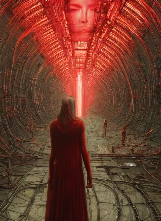 Image similar to Wanda Maximoff, dynamic pose, standing in a h.r. giger city, red, glowing, wires everywhere, by Edgar Maxence and Ross Tran, Zdzisław Beksiński, and Michael Whelan, distant, gustav dore, H.R. Giger, 8k, octane render