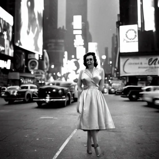 Image similar to a woman wearing a gold dress in Times square, she is sad and beautiful, she is alone, black and white photo, circa 1950, beautiful background