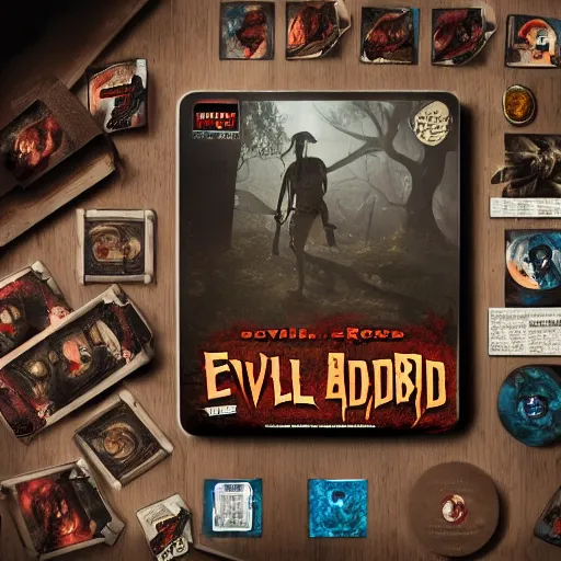 Prompt: evil dead movie, board game, octane render, comic book, isometric, 8 k