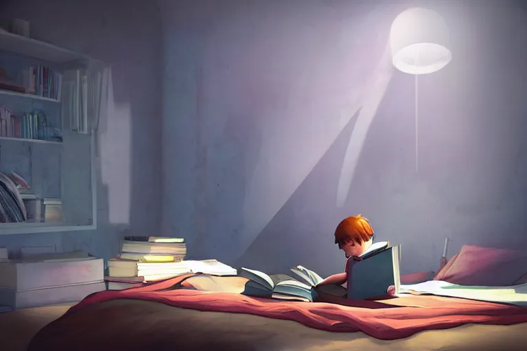Prompt: kid reading a book under the blankets, warm light, matte painting, life is strange concept art, 3 d cell shading render