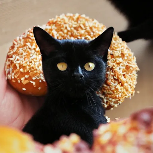 Image similar to a black cat eating a sprinkled donut, highly detailed, beautiful