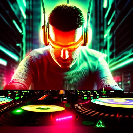 Image similar to electronic dj portrait, dj performing live streaming to online, cyberpunk 2 0 7 7, cyberpunk, photorealistic, ultra detailed, neon, octane, bokeh, cinematic lighting, cyber, cyberpunk city, headphones, studio quality, feature, scars, cyberface, 8 k