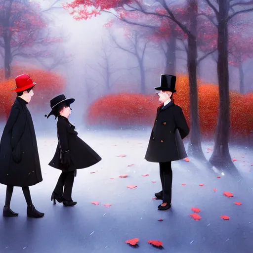 Prompt: a thin man in a black coat and bowler hat talks with small young girl who is dressed in a red coat and a red hat, park, autumn, wide angle, high detail, By Makoto Shinkai, Stanley Artgerm Lau, WLOP, Rossdraws, James Jean, Andrei Riabovitchev, Marc Simonetti, krenz cushart, Sakimichan, D&D trending on ArtStation, digital art, width 768