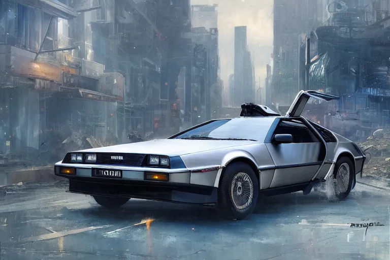 Image similar to photograph of the delorean, with a sleek spoiler, driving down the streets of a cyberpunk abandoned city, by greg rutkowski, by stanley artgerm, by alphonse mucha