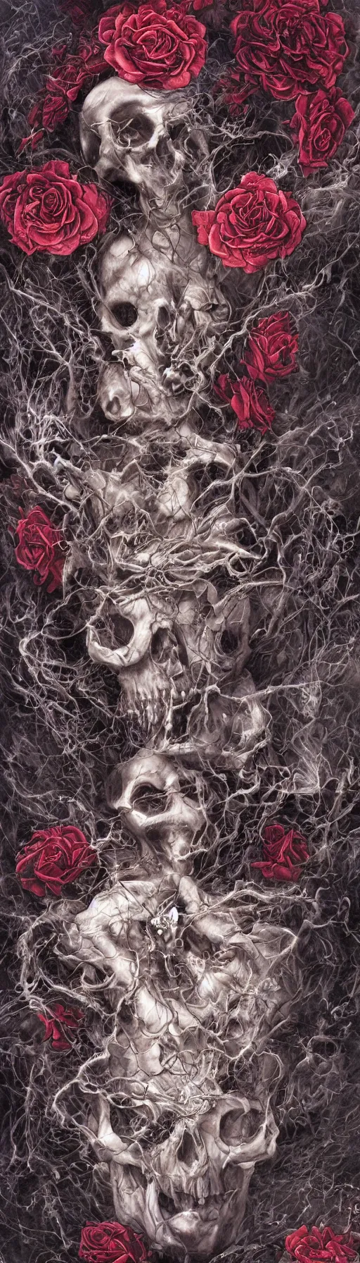 Image similar to the ghost in the machie, dense web of neurons firing, psychedelic lights and fog, skull and roses and gnr imagery, zdzislaw, ayami kojima, yamamoto, barclay shaw, karol bak, hyperrealist, 8 k