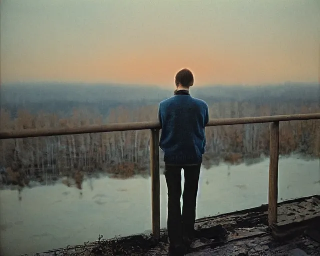 Image similar to award - winning lomographic tarkovsky film still of 4 0 years russian man with beard and sweater standing on small hrushevka 9 th floor balcony in taiga looking at sunset, cinestill, bokeh