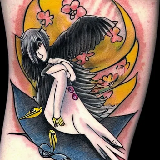 Prompt: tattoo of a canary sitting on piano keys in anime style, Eiichiro Oda, tattoo design