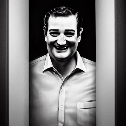 Image similar to Ted Cruz with a wide grin peaking through a door in the distance at the end of a narrow corridor, black and white, creepy lighting, scary, horror, ornate, eerie, fear, oil painting