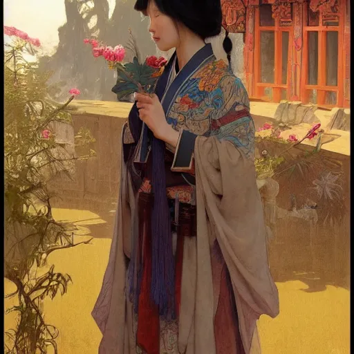 Image similar to Concept art, ancient Chinese girl, 8k, by james gurney, greg rutkowski, and john howe, background by alphonse mucha, artstation