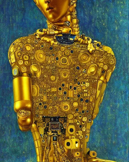 Prompt: Golden Portrait of a Robot from iRobot by Gustav Klimt, cyberpunk noir, baroque elements, intricate artwork by caravaggio, aesthetic, intricate, highly detailed, masterpiece