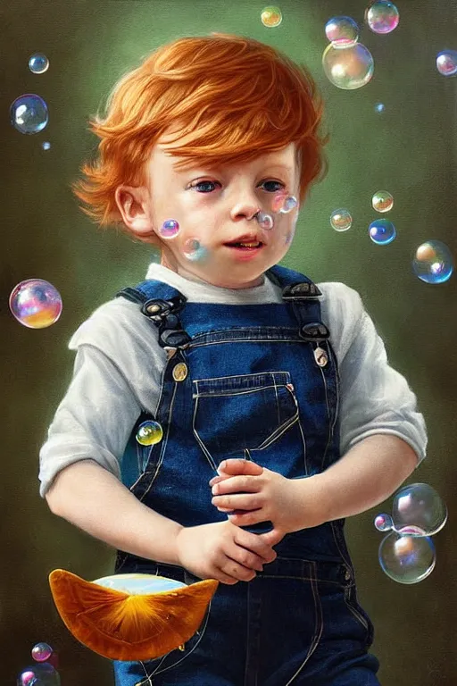 Image similar to a little boy with ginger hair wearing denim overalls chasing bubbles. clean elegant painting, beautiful detailed face, lots of bubbles. by artgerm and greg rutkowski