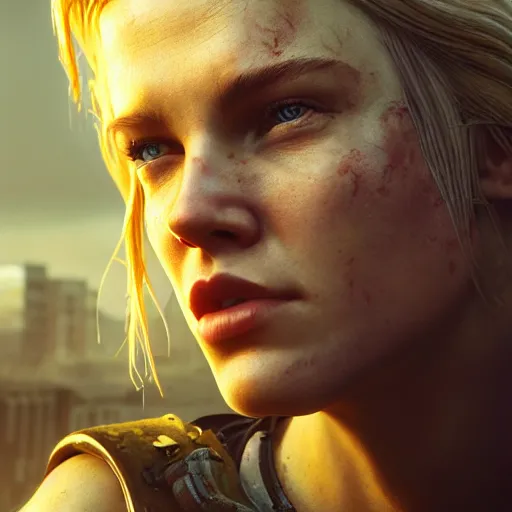 Image similar to fallout 5, charismatic beautiful rugged blonde female protagonist, portrait, outdoors ruined cityscape, atmospheric lighting, painted, intricate, volumetric lighting, beautiful, daytime, slight overcast weather, sharp focus, deep colours, golden hour, ultra detailed, by leesha hannigan, ross tran, thierry doizon, kai carpenter, ignacio fernandez rios