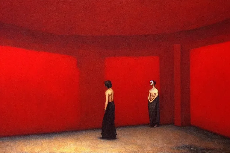 Image similar to only with red, crowd screaming, an exposed painting in a roman theater, in the style of beksinski, parts by edward hopper, parts by rodcenko, parts by yue minjun, intricate and epic composition, red by caravaggio, insanely quality, highly detailed, masterpiece, red light, artstation, 4 k