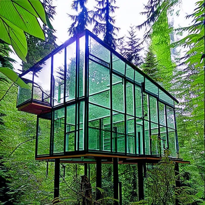 Prompt: glass house on stilts in the jungle at 2875 adanac.st vanvcouver,british columbia,canada