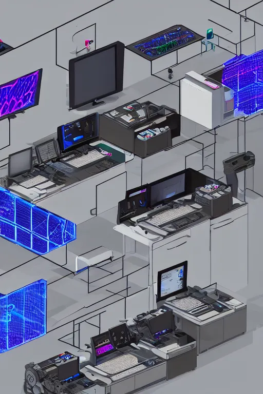 Prompt: dark isometric tech lab with shiny holographic control panels