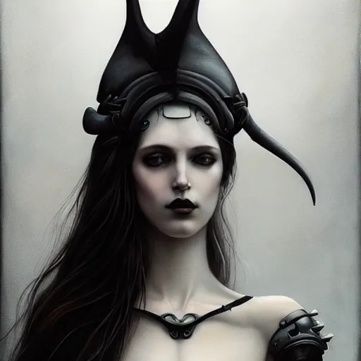 Image similar to By Tom Bagshaw, ultra realist soft painting of cyberpunk curiosities by night, very beautiful single female gothic fully dressed, horns, symmetry accurate features, very intricate details, ominous sky, black and white, volumetric light clouds