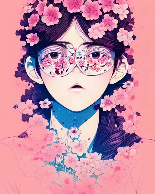 Image similar to girl next to floral bomb, detailed manga illustration!! intricate details, beautiful perfect face, perfect body, aesthetically pleasing pastel colors, poster background, aesthetic details, art by conrad roset and ilya kuvshinov