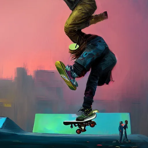 Prompt: a beautiful painting of a post apocalyptic skateboarder doing a kickflip, artstationhd, cinematic, kickflip, awesome color palette, colorful