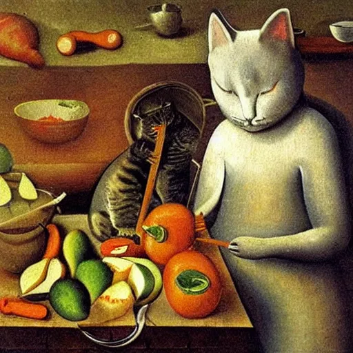 Image similar to the cat cooks soup, stirring a pot with a ladle and cutting vegetables, oil painting, drawn by Bosch