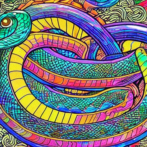 Prompt: a being of pure light, giant rainbow iridescent serpent is wrapping around its body, hyper detailed, ultra fine colored inking lines