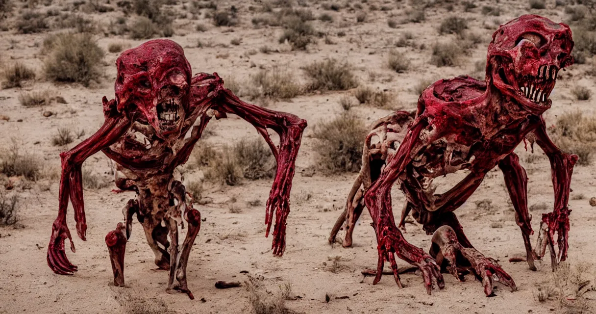 Image similar to in the desert a bloody gross horrifying The Thing creature made of muscle and bone and blood stares at the camera, eating, mid day, 35mm photography, realistic,