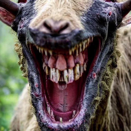 Image similar to horror, highly detailed photography, wide shot, mutated goat monster demon with huge mouth open to reveal filthy crocodile - like teeth, matted fur, in muddy medieval village, howling, screeching