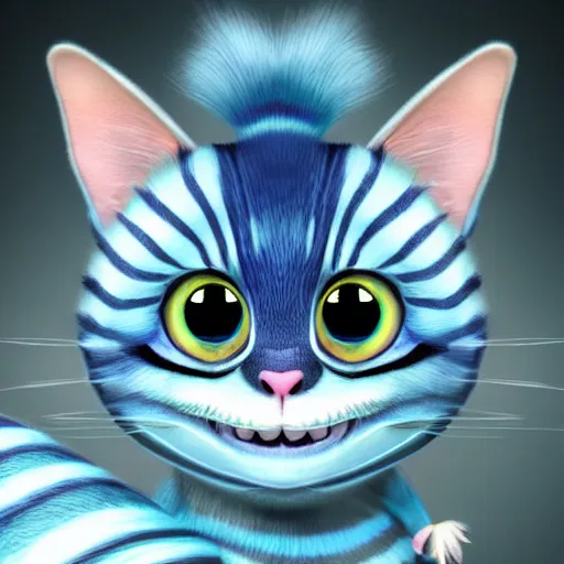 Image similar to cute blue striped cheshire cat. an adorable cat with light blue stripes, blue eyes and a big mischievous smile. stunning digital art by mona sundberg. fluffy, soft