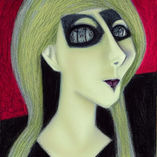 Image similar to a woman with long hair and a black shirt, a pastel by minerva j. chapman, tumblr contest winner, cubism, goth, gothic, messy