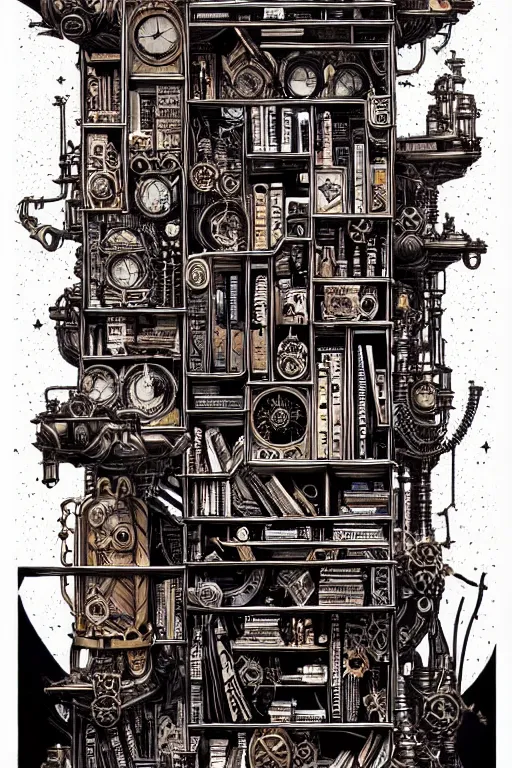 Prompt: a majestic steampunk alchemist book shelf, furniture, high details, bold line art, by vincent di fate and joe fenton, inking, etching, screen print, masterpiece, trending on artstation, sharp, high contrast, hyper - detailed,, hd, 4 k, 8 k