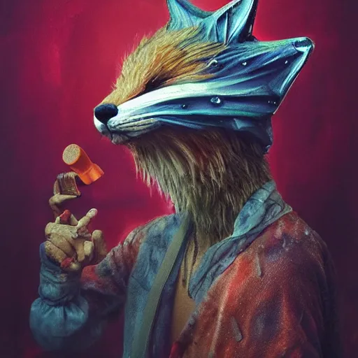 Image similar to zoolander is a grandma wearing fox mask feeds zazpi sei crayons, hair armpits, by emedios varo and anato finnstark, hyperrealism, 8 k, hyperrealism, masterpiece, wet, dripping, moist, fluids, texture, captivating, awe inspiring