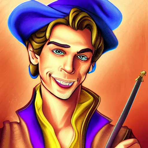 Prompt: Guybrush Threepwood as Disne’s Aladdin, cute, fantasy, intricate, elegant, highly detailed, digital painting, 4k,