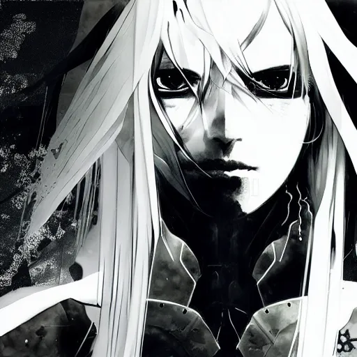 Prompt: yoji shinkawa blurred and dreamy illustration of an anime girl with wavy white hair and cracks on her face wearing elden ring armour with the cape fluttering in the wind, abstract black and white patterns on the background, noisy film grain effect, highly detailed, renaissance oil painting, weird portrait angle