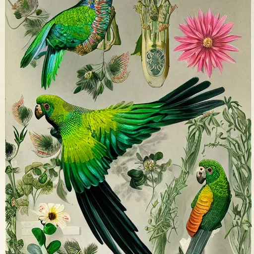 Image similar to beautiful elegant ernst haeckel!!!! illustration of many green cheek conures!!!!!! and flowers, ( green cheek conure ) ( green cheeked parakeet ) ( pyrrhura molinae )