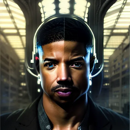 Image similar to portrait painting of a cyberpunk corporate boss elven michael b. jordan, ultra realistic, concept art, intricate details, eerie, highly detailed, photorealistic, octane render, 8 k, unreal engine. art by artgerm and greg rutkowski and charlie bowater and magali villeneuve and alphonse mucha