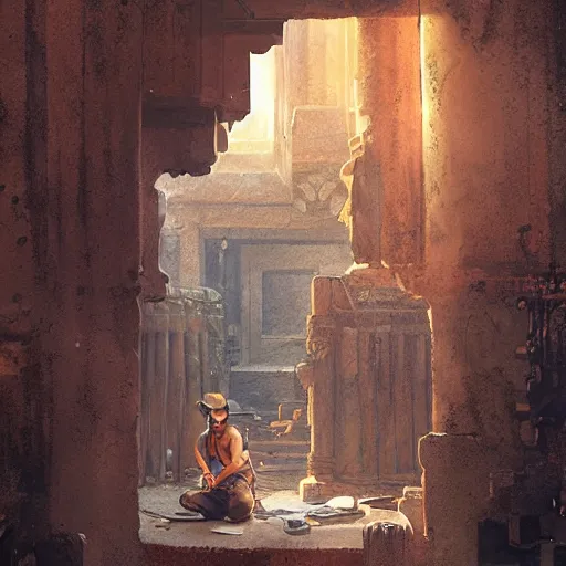 Image similar to indiana jones stealing a catalytic convertor, that is on a trapped pedastal, from inside a temple, painted by greg rutkowski