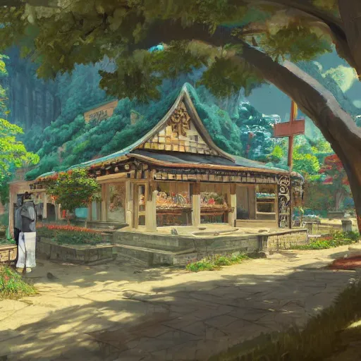 Image similar to concept art painting of a historic bakery with european and japanese architecture, in a woodland village surrounded by trees, in a mountain valley, realistic, detailed, cel shaded, in the style of makoto shinkai and greg rutkowski and james gurney